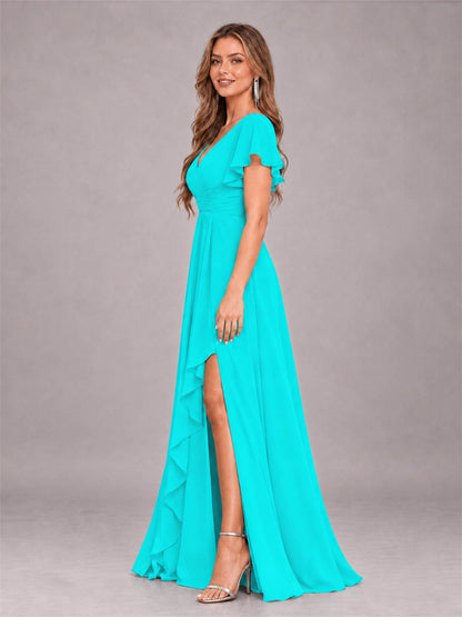 Turquoise Stylish Ruffles A-Line V-Neck Slit Chiffon Bridesmaid Dress