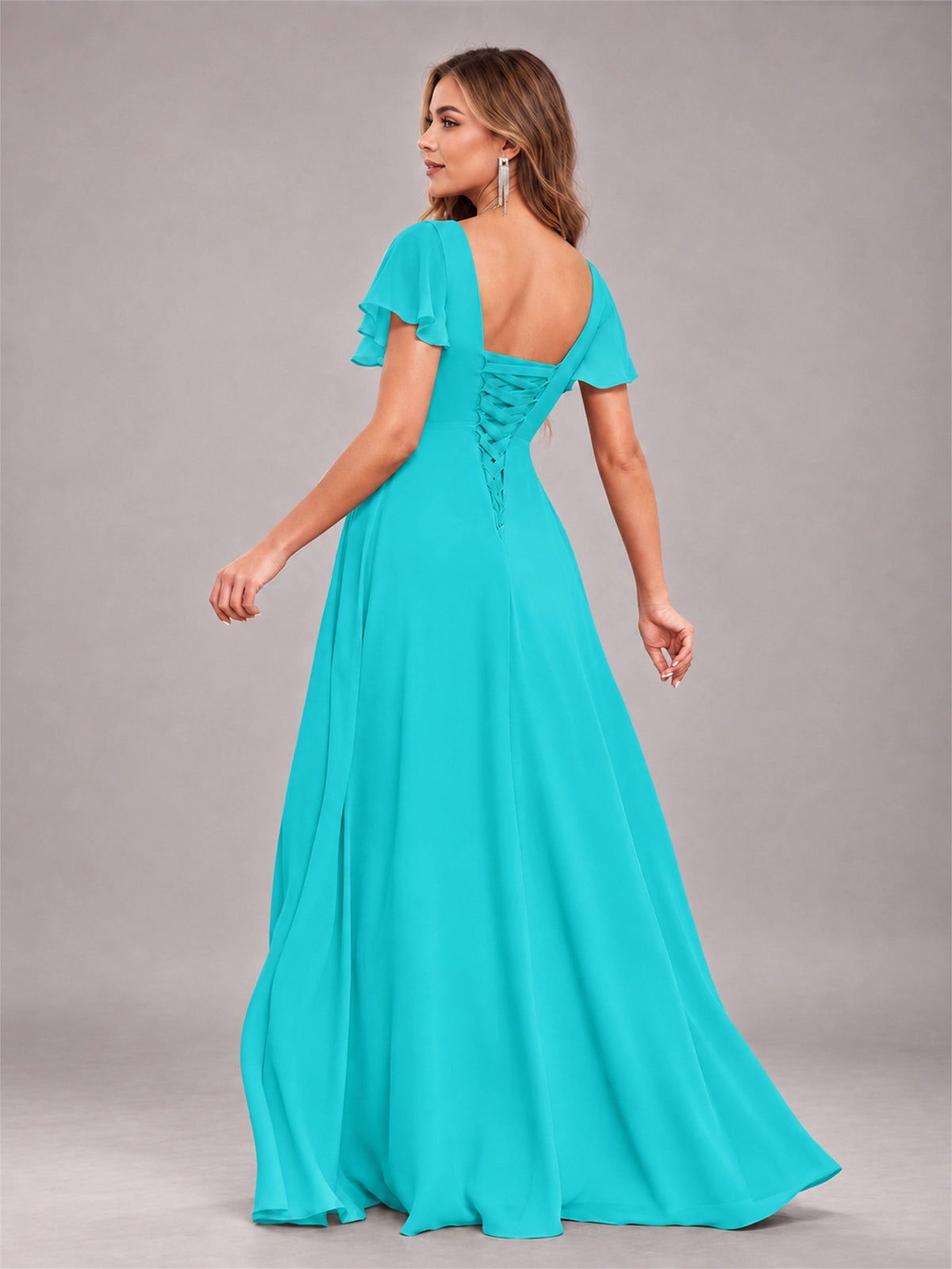 Turquoise Stylish Ruffles A-Line V-Neck Slit Chiffon Bridesmaid Dress