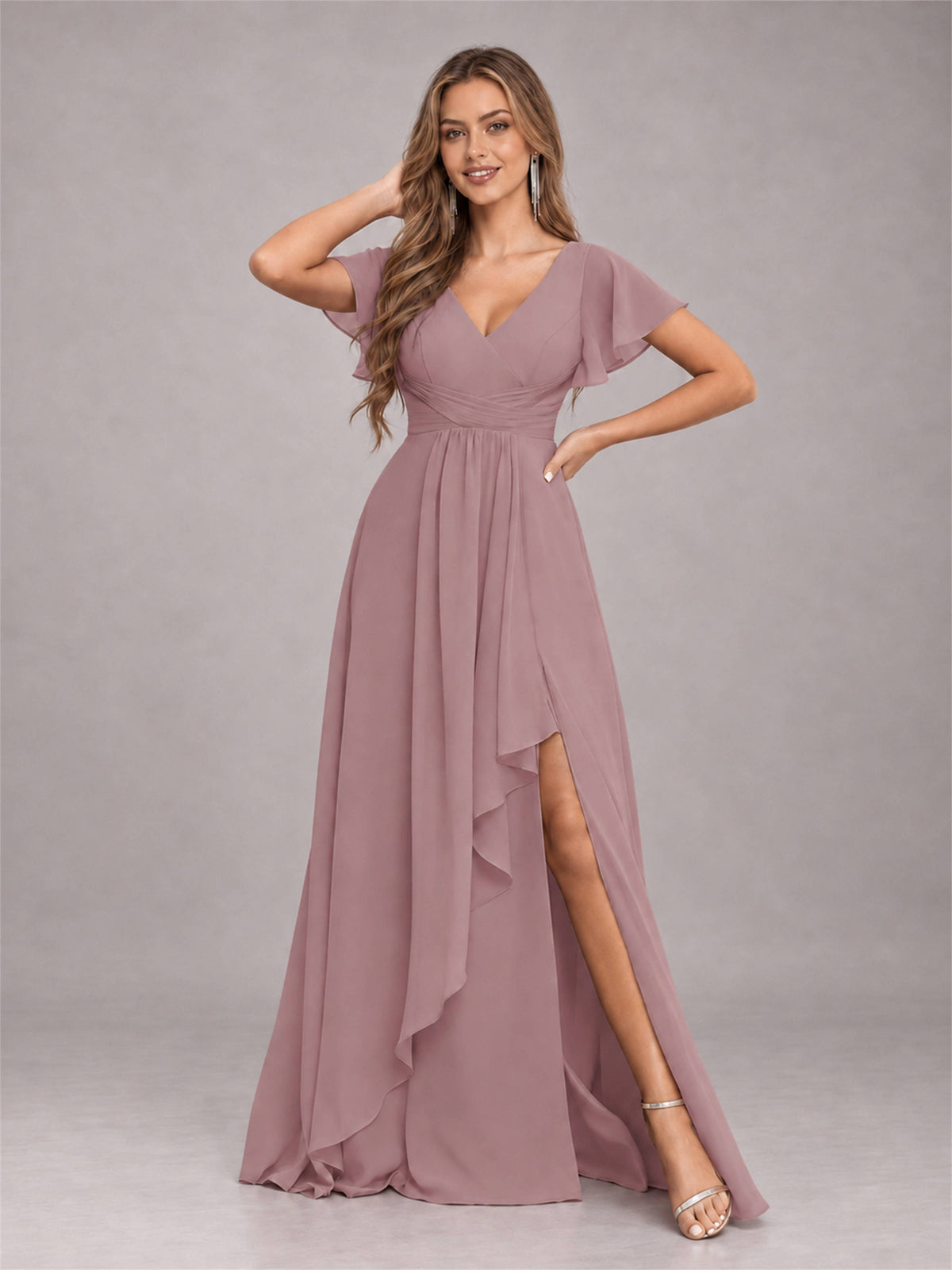 Vintage Mauve Stylish Ruffles A-Line V-Neck Slit Chiffon Bridesmaid Dress
