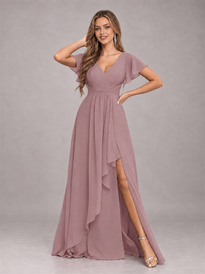 Vintage Mauve Stylish Ruffles A-Line V-Neck Slit Chiffon Bridesmaid Dress