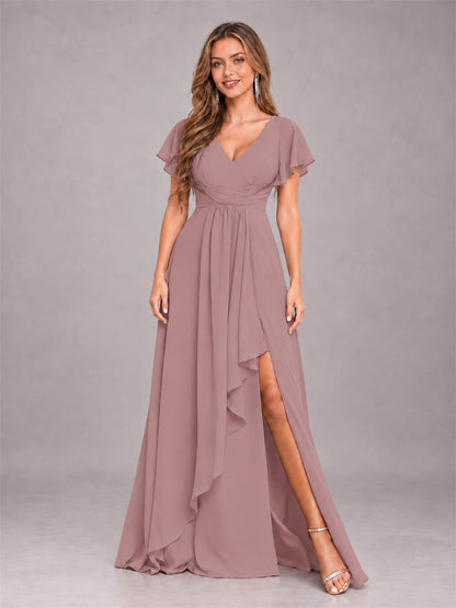 Vintage Mauve Stylish Ruffles A-Line V-Neck Slit Chiffon Bridesmaid Dress
