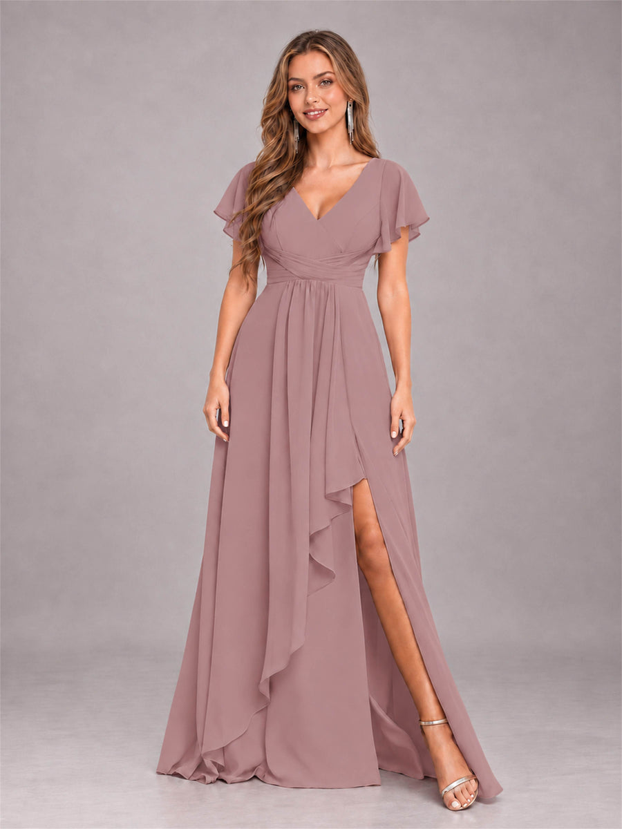 Vintage Mauve Stylish Ruffles A-Line V-Neck Slit Chiffon Bridesmaid Dress