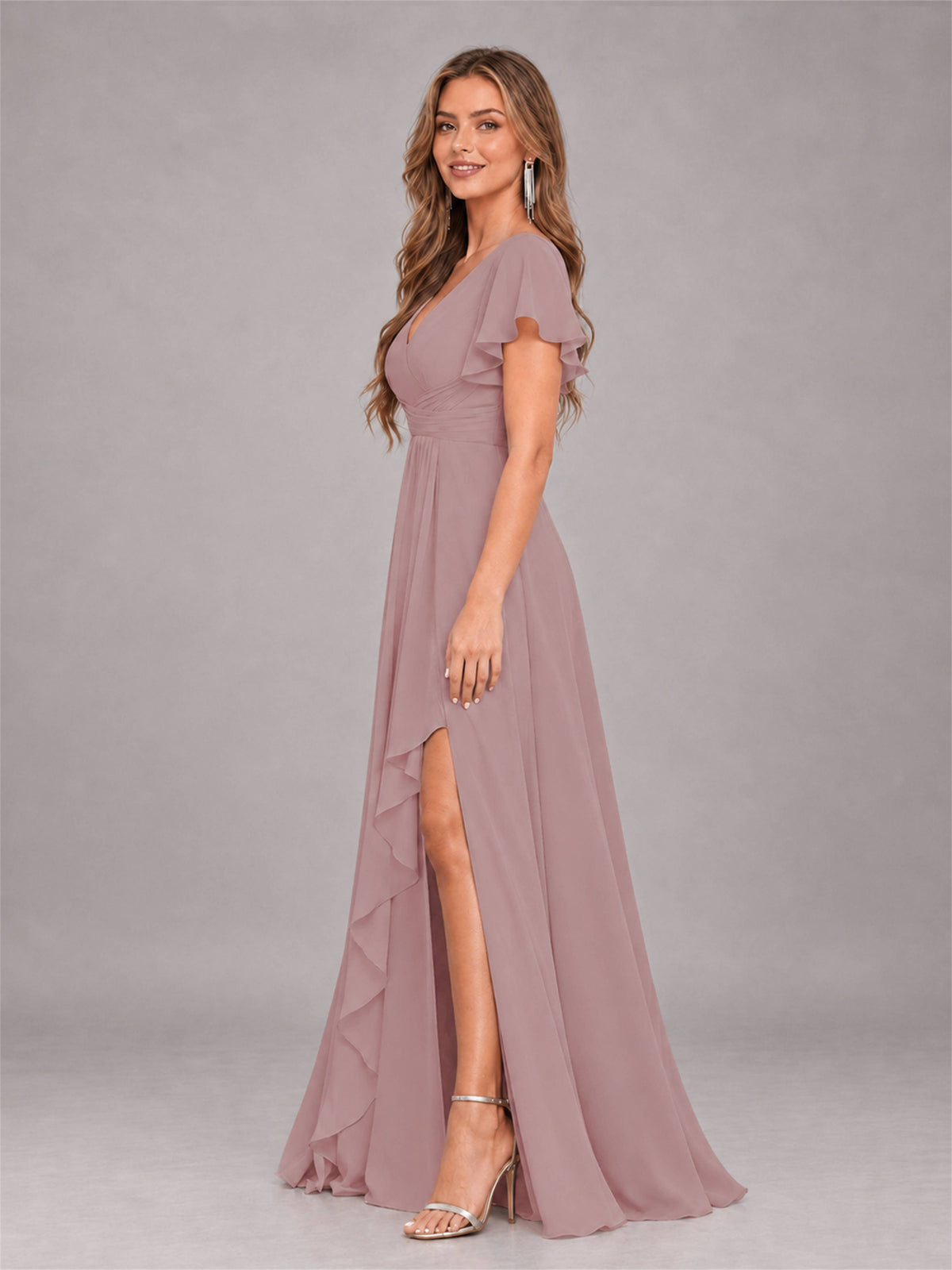 Vintage Mauve Stylish Ruffles A-Line V-Neck Slit Chiffon Bridesmaid Dress
