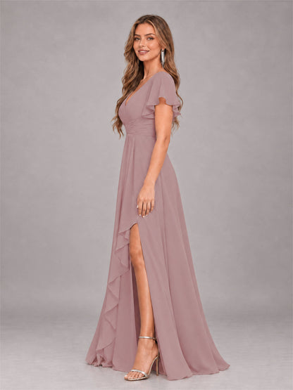 Vintage Mauve Stylish Ruffles A-Line V-Neck Slit Chiffon Bridesmaid Dress