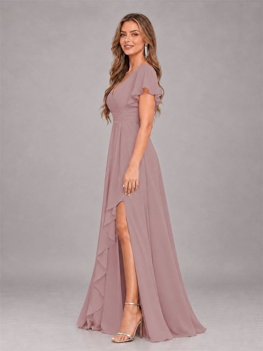 Vintage Mauve Stylish Ruffles A-Line V-Neck Slit Chiffon Bridesmaid Dress