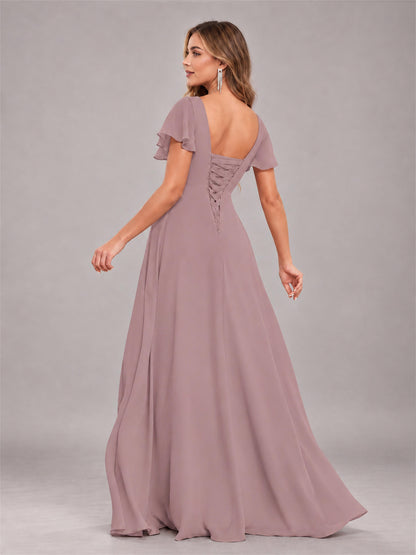 Vintage Mauve Stylish Ruffles A-Line V-Neck Slit Chiffon Bridesmaid Dress