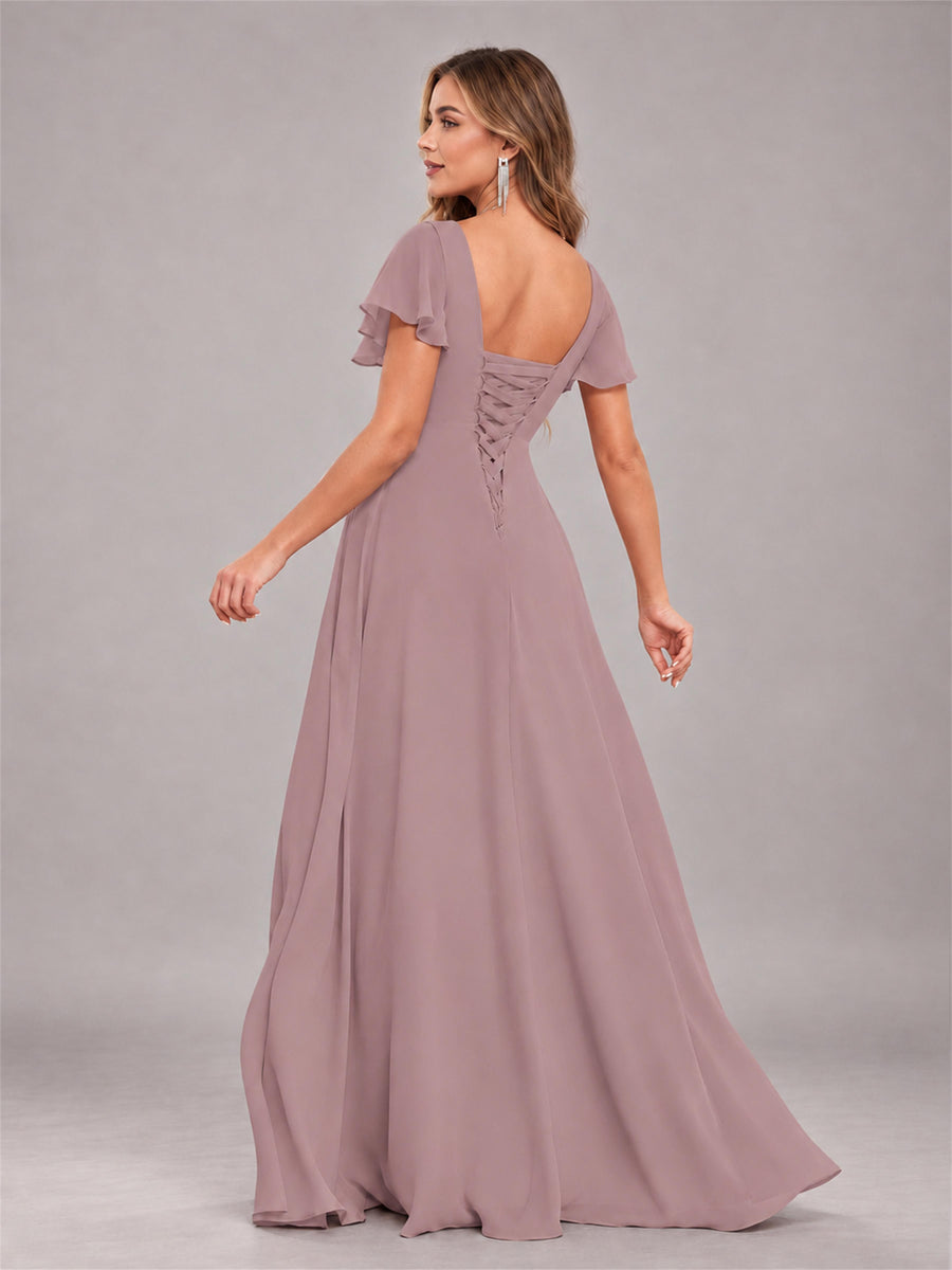 Vintage Mauve Stylish Ruffles A-Line V-Neck Slit Chiffon Bridesmaid Dress