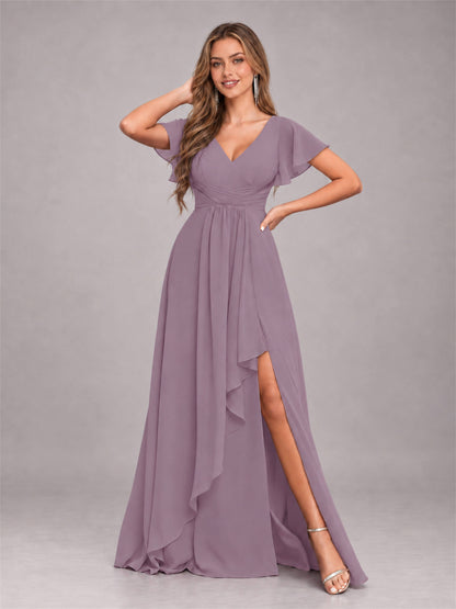 Wisteria Stylish Ruffles A-Line V-Neck Slit Chiffon Bridesmaid Dress