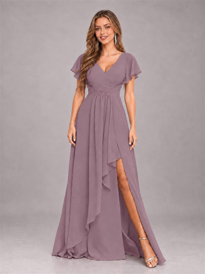 Wisteria Stylish Ruffles A-Line V-Neck Slit Chiffon Bridesmaid Dress