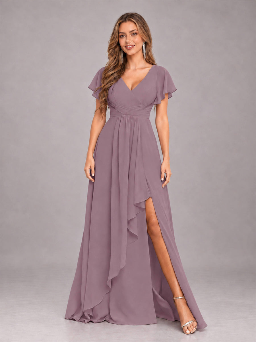 Wisteria Stylish Ruffles A-Line V-Neck Slit Chiffon Bridesmaid Dress
