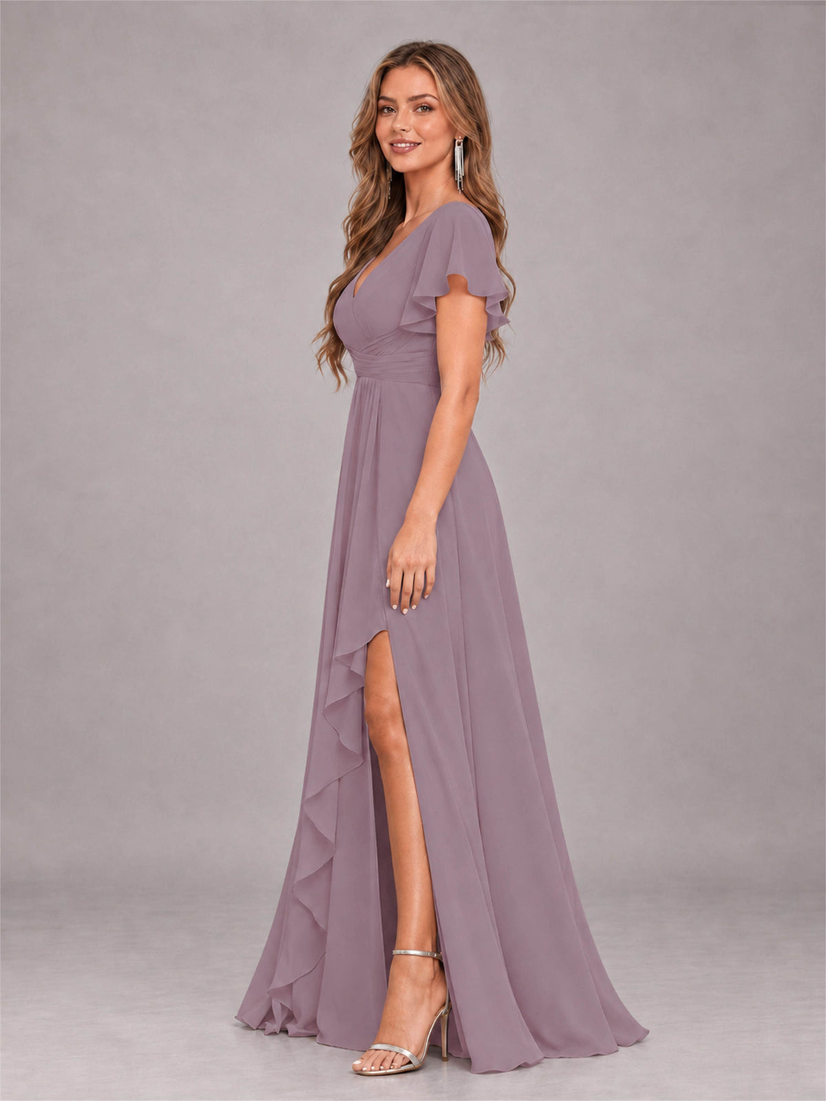 Wisteria Stylish Ruffles A-Line V-Neck Slit Chiffon Bridesmaid Dress