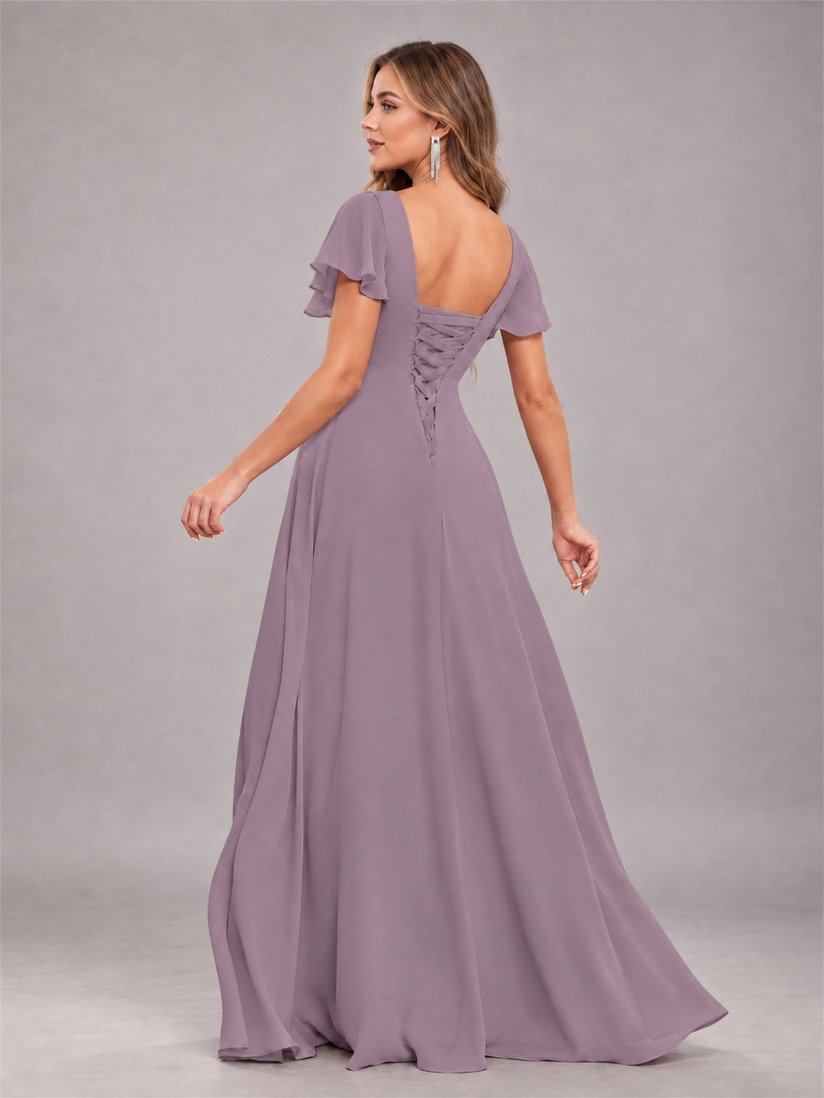 Wisteria Stylish Ruffles A-Line V-Neck Slit Chiffon Bridesmaid Dress