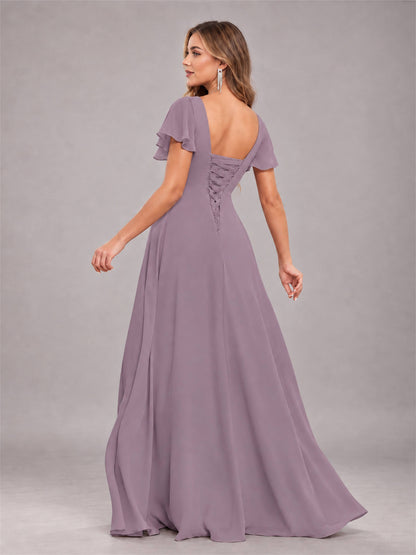 Wisteria Stylish Ruffles A-Line V-Neck Slit Chiffon Bridesmaid Dress