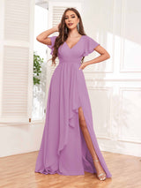 Stylish Ruffles A-Line V-Neck Slit Chiffon Bridesmaid Dresses