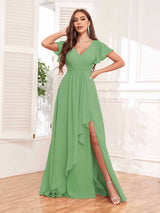 Stylish Ruffles A-Line V-Neck Slit Chiffon Bridesmaid Dresses