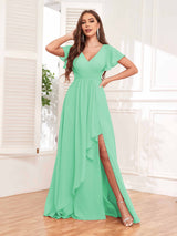 Stylish Ruffles A-Line V-Neck Slit Chiffon Bridesmaid Dresses