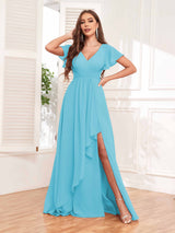 Stylish Ruffles A-Line V-Neck Slit Chiffon Bridesmaid Dresses