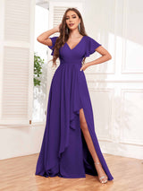 Stylish Ruffles A-Line V-Neck Slit Chiffon Bridesmaid Dresses