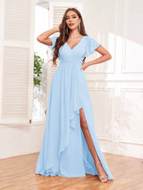 Stylish Ruffles A-Line V-Neck Slit Chiffon Bridesmaid Dresses
