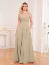 Stylish Sleeveless Slit Chiffon Bridesmaid Dresses With Pockets