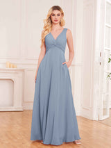 Stylish Sleeveless Slit Chiffon Bridesmaid Dresses With Pockets