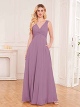 Stylish Sleeveless Slit Chiffon Bridesmaid Dresses With Pockets