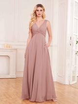 Stylish Sleeveless Slit Chiffon Bridesmaid Dresses With Pockets