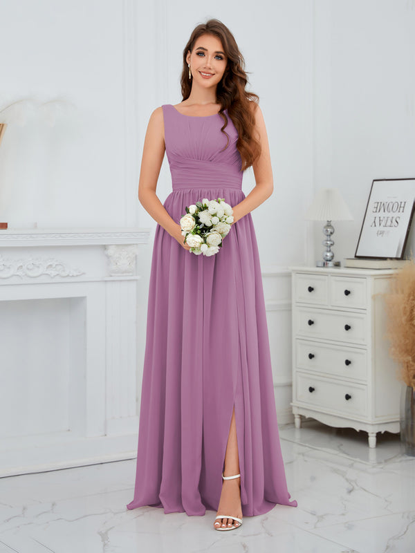 Dusty Purple Stylish Sleeveless Slit Floor Length Chiffon Bridesmaid Dresses