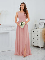 Stylish Sleeveless Slit Floor Length Chiffon Bridesmaid Dresses