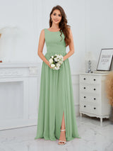 Stylish Sleeveless Slit Floor Length Chiffon Bridesmaid Dresses