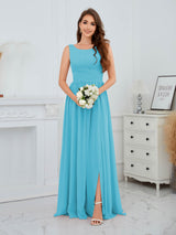 Stylish Sleeveless Slit Floor Length Chiffon Bridesmaid Dresses