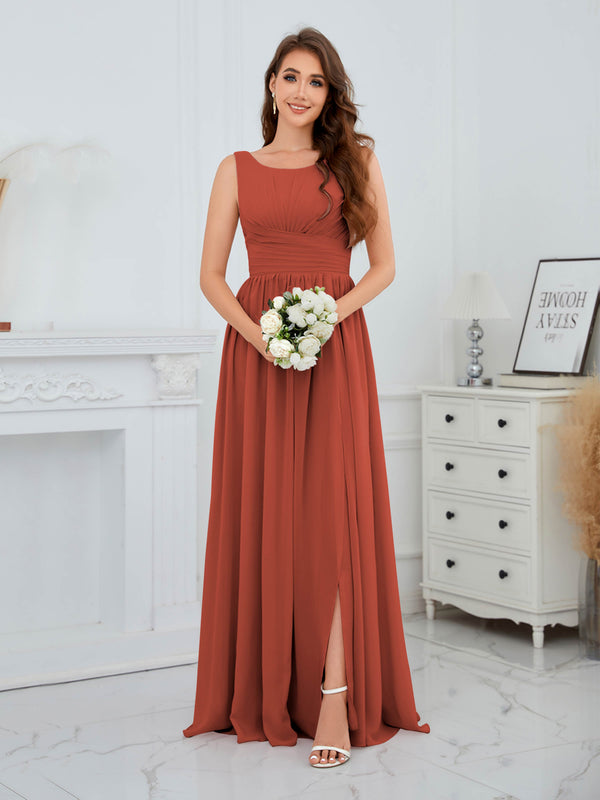 Rust Stylish Sleeveless Slit Floor Length Chiffon Bridesmaid Dresses