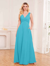 Stylish Sleeveless Slit Chiffon Bridesmaid Dresses With Pockets