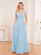 Stylish Sleeveless Slit Chiffon Bridesmaid Dresses With Pockets