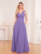 Stylish Sleeveless Slit Chiffon Bridesmaid Dresses With Pockets