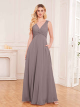Stylish Sleeveless Slit Chiffon Bridesmaid Dresses With Pockets