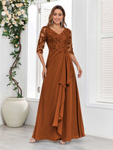Stylish V-Neck Half Sleeves Lace Chiffon Floor Length Mother Of The Bride Dresses