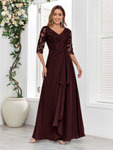 Stylish V-Neck Half Sleeves Lace Chiffon Floor Length Mother Of The Bride Dresses