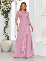 Stylish V-Neck Half Sleeves Lace Chiffon Floor Length Mother Of The Bride Dresses