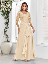 Stylish V-Neck Half Sleeves Lace Chiffon Floor Length Mother Of The Bride Dresses