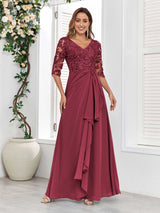 Stylish V-Neck Half Sleeves Lace Chiffon Floor Length Mother Of The Bride Dresses