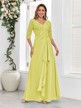 Stylish V-Neck Half Sleeves Lace Chiffon Floor Length Mother Of The Bride Dresses