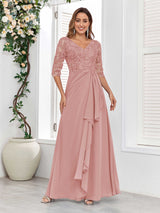 Stylish V-Neck Half Sleeves Lace Chiffon Floor Length Mother Of The Bride Dresses