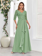 Stylish V-Neck Half Sleeves Lace Chiffon Floor Length Mother Of The Bride Dresses