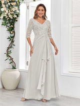 Stylish V-Neck Half Sleeves Lace Chiffon Floor Length Mother Of The Bride Dresses