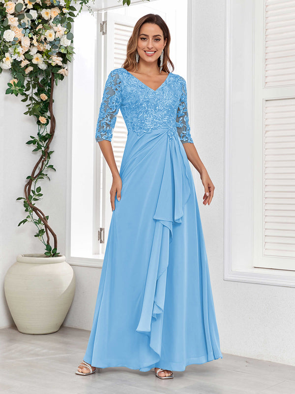 Light Blue Stylish V-Neck Half Sleeves Lace Chiffon Floor Length Mother Of The Bride Dresses