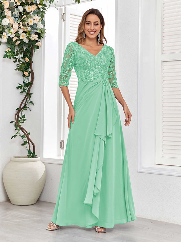 Mint Green Stylish V-Neck Half Sleeves Lace Chiffon Floor Length Mother Of The Bride Dresses