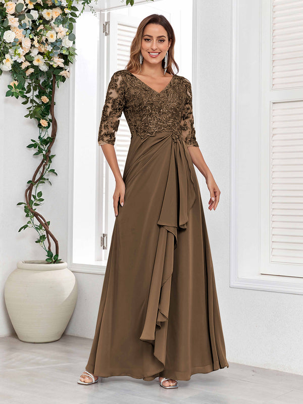Mocha Stylish V-Neck Half Sleeves Lace Chiffon Floor Length Mother Of The Bride Dresses