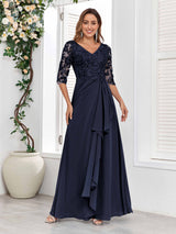 Stylish V-Neck Half Sleeves Lace Chiffon Floor Length Mother Of The Bride Dresses
