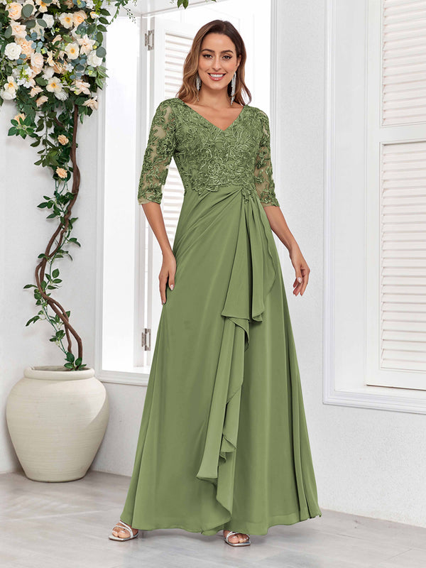 Olive Green Stylish V-Neck Half Sleeves Lace Chiffon Floor Length Mother Of The Bride Dresses